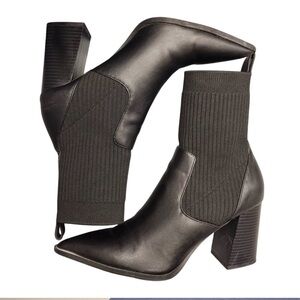 Open Edit Black Sock Booties | Pointed Toe Chunky Heel Ankle Boots